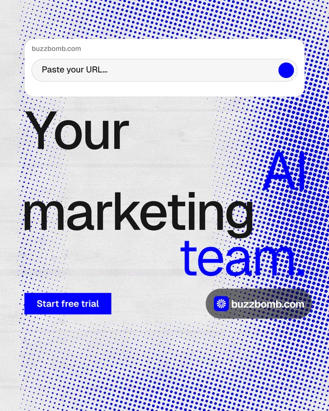 Instagram portrait post for BuzzBomb: "Your AI marketing team." Swiss style, stacked layout, light palette in blue, white.