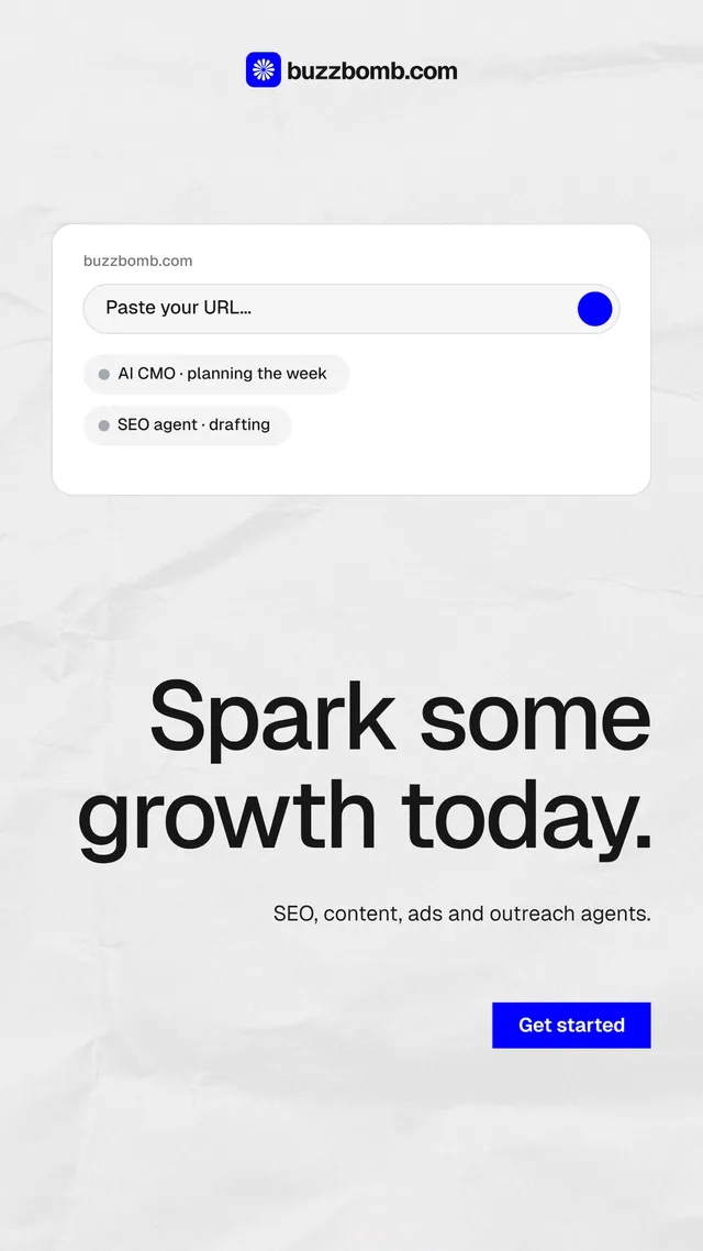 Instagram story for BuzzBomb: "Spark some growth today." Swiss style, right layout, light palette in white, grey.