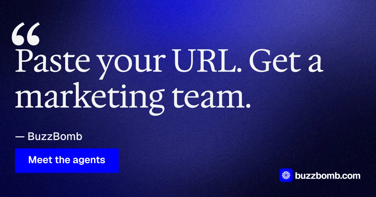 Social ad for BuzzBomb: "Your AI marketing team." Swiss style, quote layout, dark palette in blue.