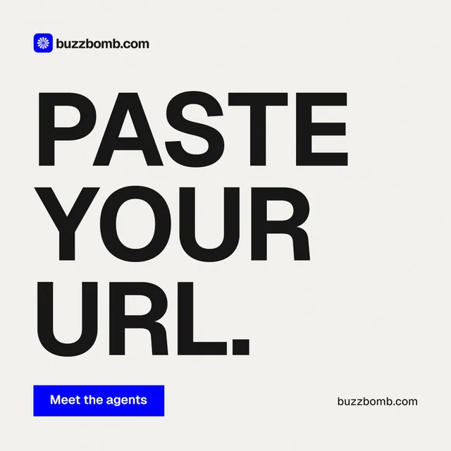 Instagram post for BuzzBomb: "Paste your URL." Swiss style, poster layout, light palette in white, grey.