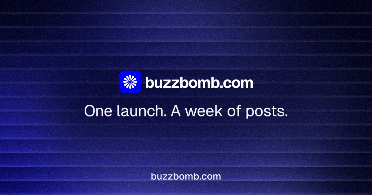 Social ad for BuzzBomb: "One launch. A week of posts." Agentic glass style, end card layout, dark palette in blue, black.