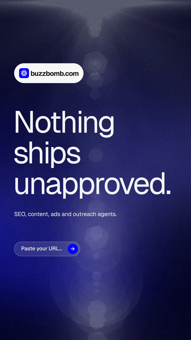 Instagram story for BuzzBomb: "Nothing ships unapproved." Agentic glass style, announce layout, dark palette in blue, grey.