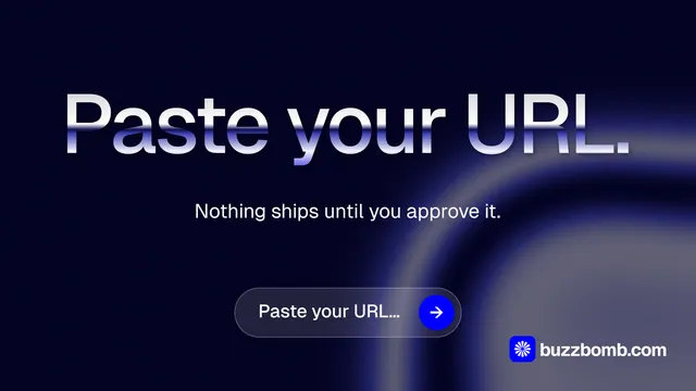 Landscape graphic for BuzzBomb: "Paste your URL." Agentic glass style, centred layout, dark palette in black, blue.