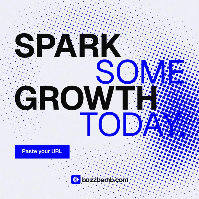Instagram post for BuzzBomb: "Spark some growth today." Swiss style, stacked layout, light palette in white, blue.