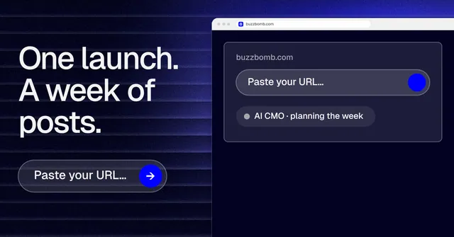 Social ad for BuzzBomb: "One launch. A week of posts." Agentic glass style, browser layout, dark palette in blue, black, grey.
