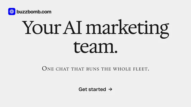 Landscape graphic for BuzzBomb: "Your AI marketing team." Swiss style, smallcaps layout, light palette in white, grey.