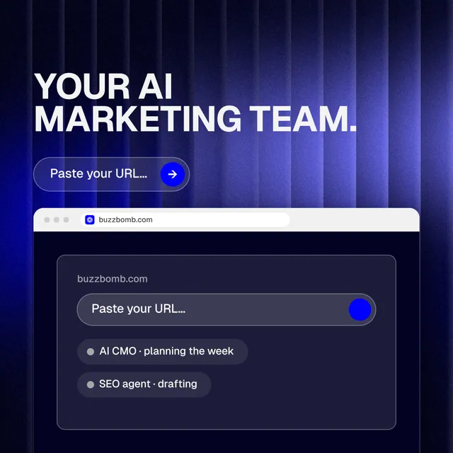 Instagram post for BuzzBomb: "Your AI marketing team." Agentic glass style, browser layout, dark palette in blue, black.