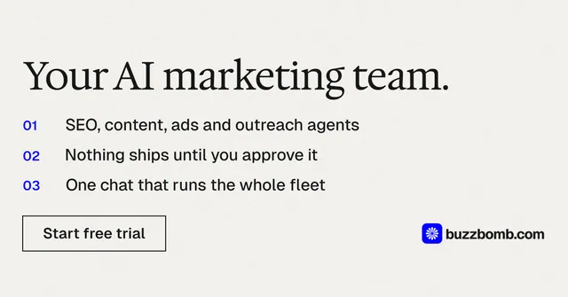Social ad for BuzzBomb: "Your AI marketing team." Editorial style, numbered layout, light palette in white, grey.