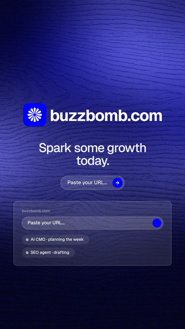 Instagram story for BuzzBomb: "Spark some growth today." Agentic glass style, logo hero layout, dark palette in black, blue.