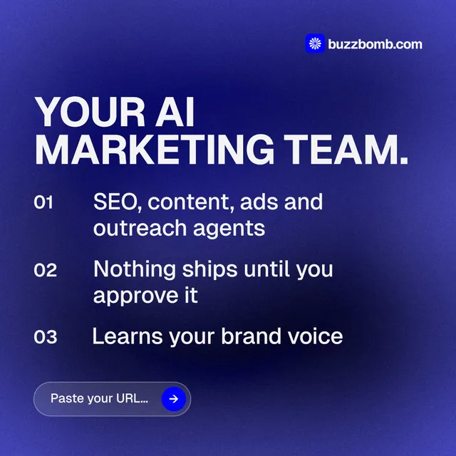 Instagram post for BuzzBomb: "Your AI marketing team." Agentic glass style, numbered layout, dark palette in blue.