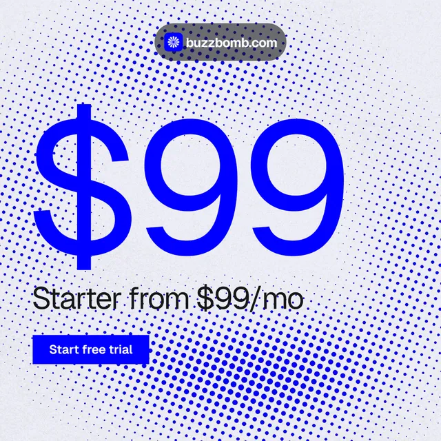 Instagram post for BuzzBomb: "Spark some growth today." Split block style, stat layout, light palette in blue, white.