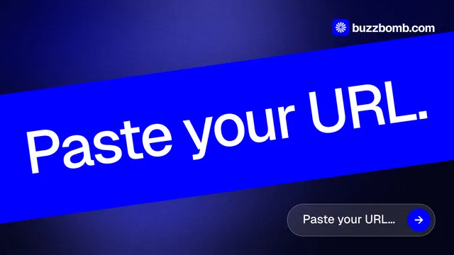 Landscape graphic for BuzzBomb: "Paste your URL." Agentic glass style, diagonal layout, dark palette in blue.