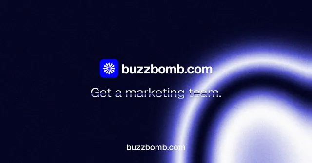 Social ad for BuzzBomb: "Get a marketing team." Agentic glass style, end card layout, dark palette in black, blue.