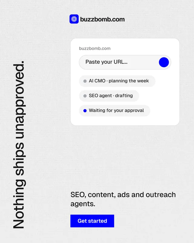 Instagram portrait post for BuzzBomb: "Nothing ships unapproved." Swiss style, vertical layout, light palette in white, grey.