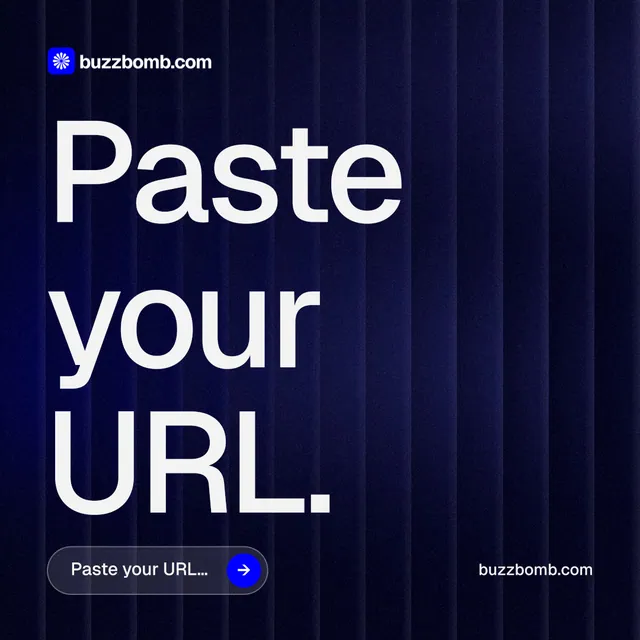 Instagram post for BuzzBomb: "Paste your URL." Agentic glass style, poster layout, dark palette in blue, black, grey.