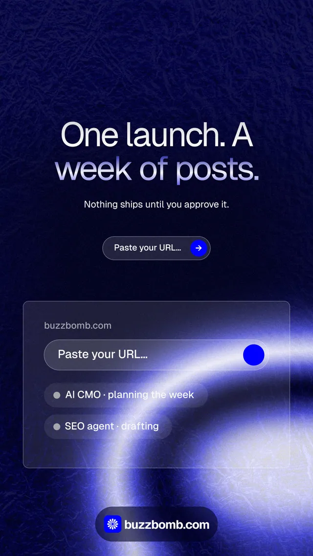 Instagram story for BuzzBomb: "One launch. A week of posts." Agentic glass style, centred layout, dark palette in blue, black.