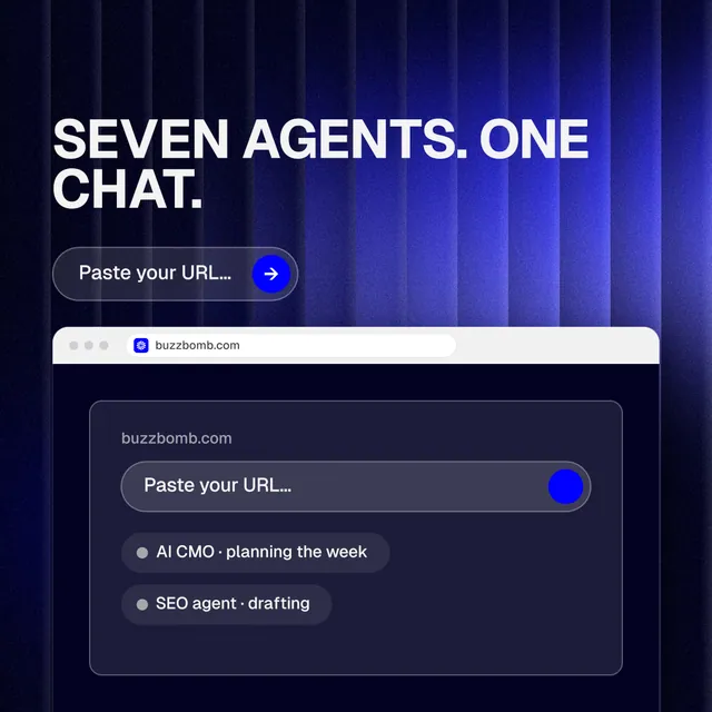 Instagram post for BuzzBomb: "Seven agents. One chat." Agentic glass style, browser layout, dark palette in black, blue.