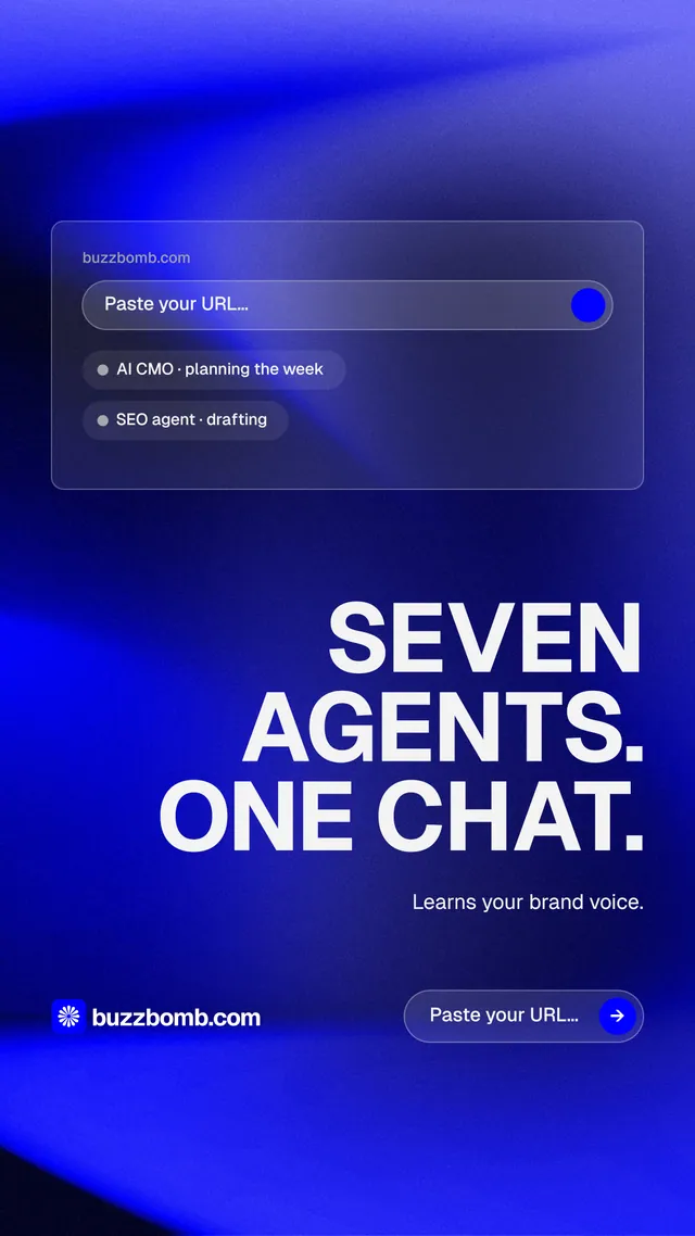 Instagram story for BuzzBomb: "Seven agents. One chat." Agentic glass style, right layout, dark palette in blue.