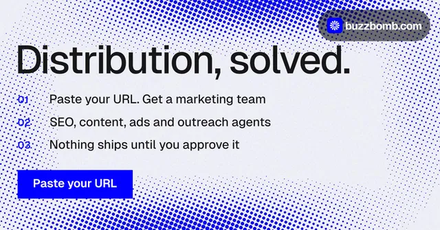 Social ad for BuzzBomb: "Distribution, solved." Swiss style, numbered layout, light palette in white, blue.