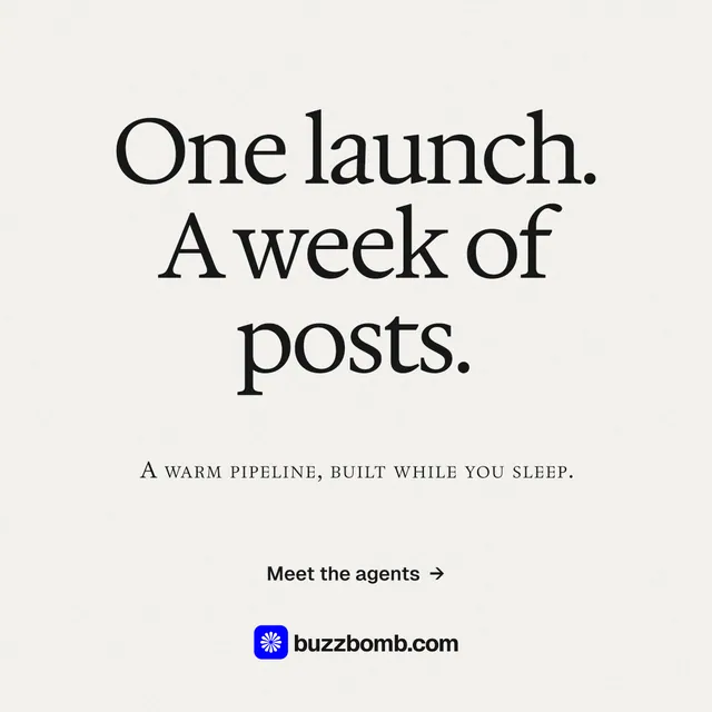 Instagram post for BuzzBomb: "One launch. A week of posts." Swiss style, smallcaps layout, light palette in white.