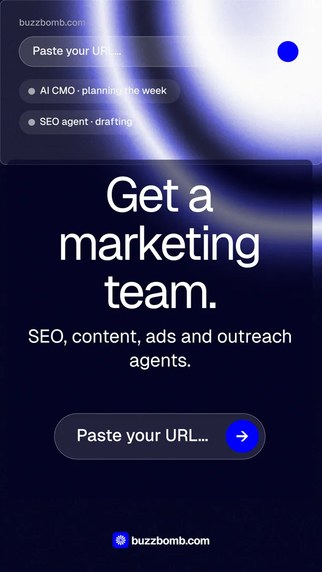 Instagram story for BuzzBomb: "Get a marketing team." Agentic glass style, skeleton layout, dark palette in black, blue.