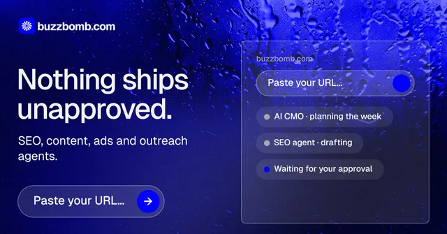 Social ad for BuzzBomb: "Nothing ships unapproved." Agentic glass style, bottom layout, dark palette in blue.