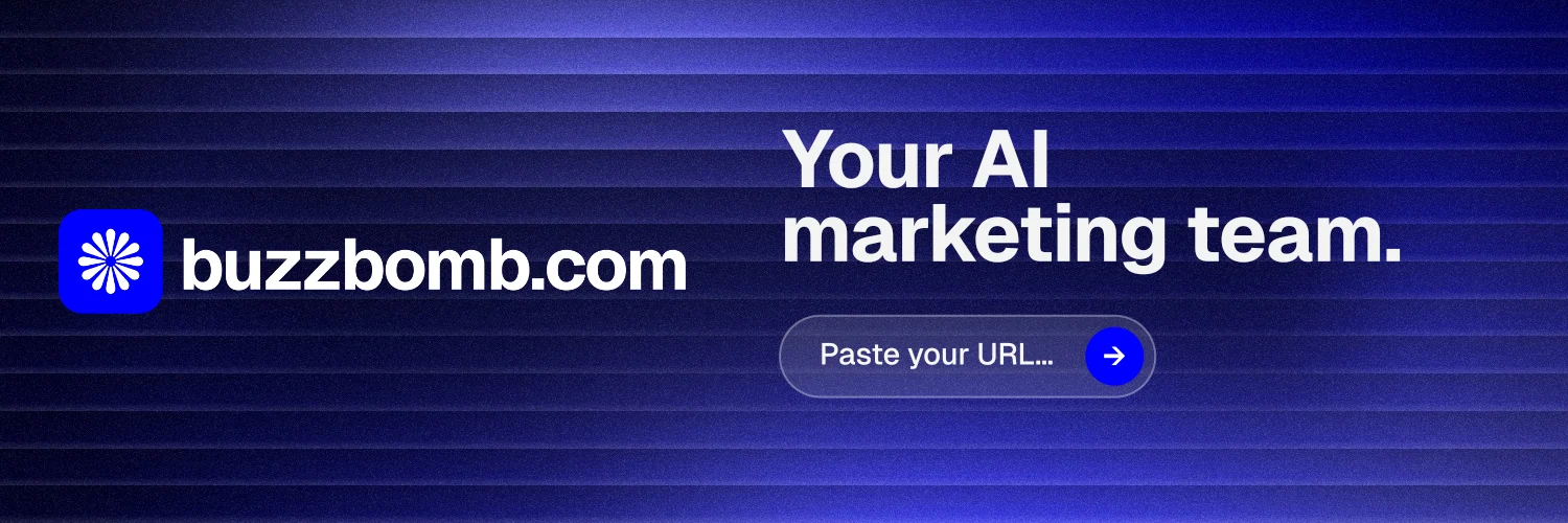 X header for BuzzBomb: "Your AI marketing team." Agentic glass style, logo hero layout, dark palette in blue.