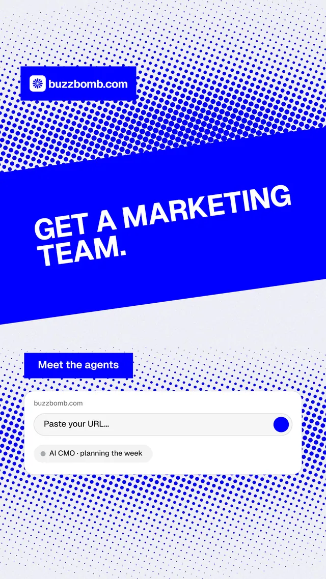 Instagram story for BuzzBomb: "Get a marketing team." Split block style, diagonal layout, light palette in blue, white.