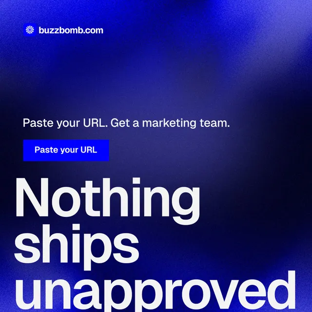 Instagram post for BuzzBomb: "Seven agents. One chat." Swiss style, oversized layout, dark palette in blue.