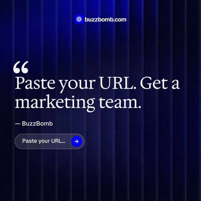 Instagram post for BuzzBomb: "Paste your URL." Agentic glass style, quote layout, dark palette in black, blue.
