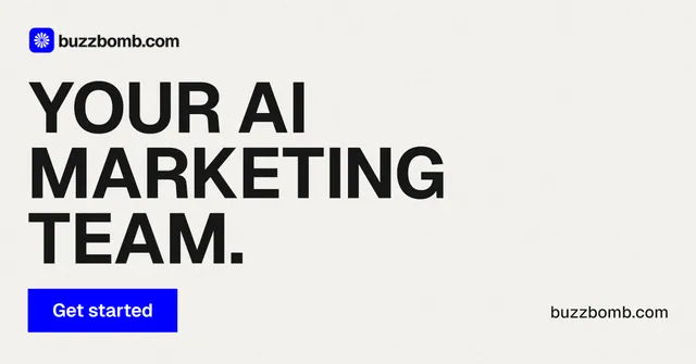Social ad for BuzzBomb: "Your AI marketing team." Swiss style, poster layout, light palette in white, grey.