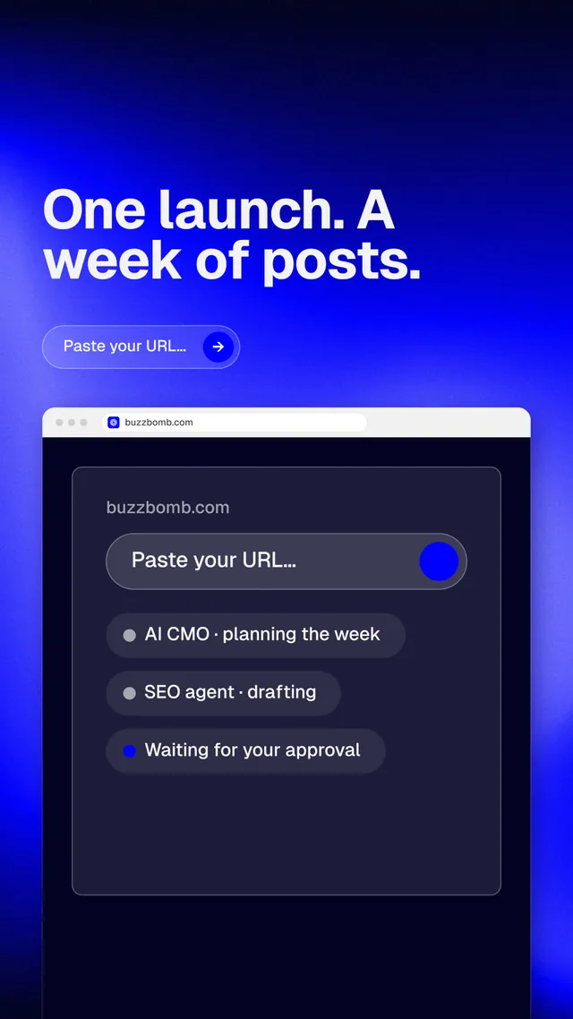Instagram story for BuzzBomb: "One launch. A week of posts." Agentic glass style, browser layout, dark palette in black, blue.
