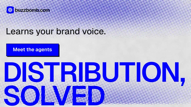 Landscape graphic for BuzzBomb: "Distribution, solved." Brutalist style, oversized layout, light palette in blue, white.