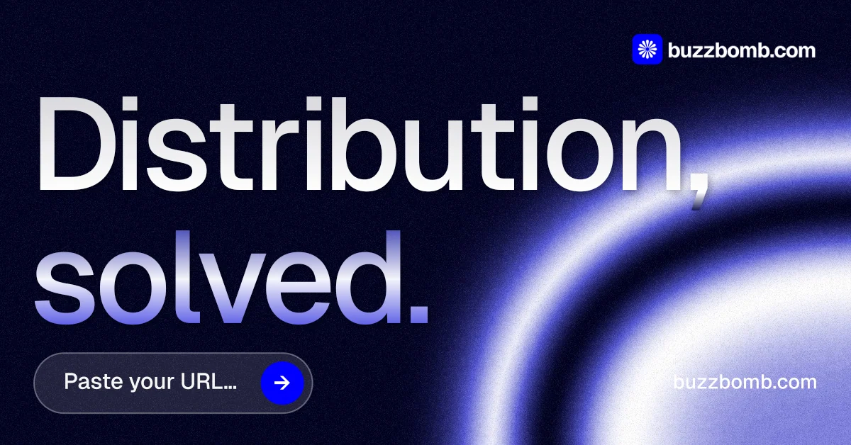 Social ad for BuzzBomb: "Distribution, solved." Agentic glass style, poster layout, dark palette in black, blue.