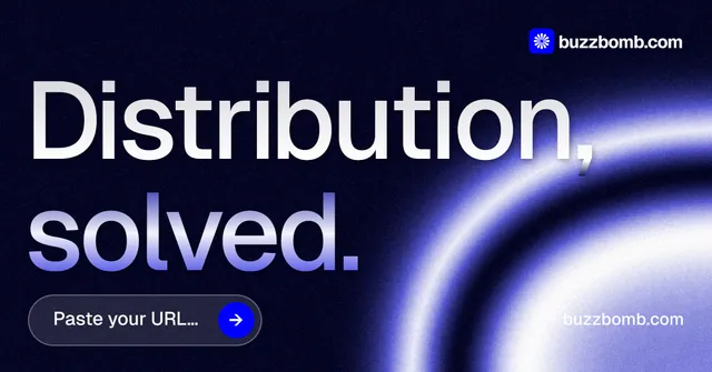 Social ad for BuzzBomb: "Distribution, solved." Agentic glass style, poster layout, dark palette in black, blue.