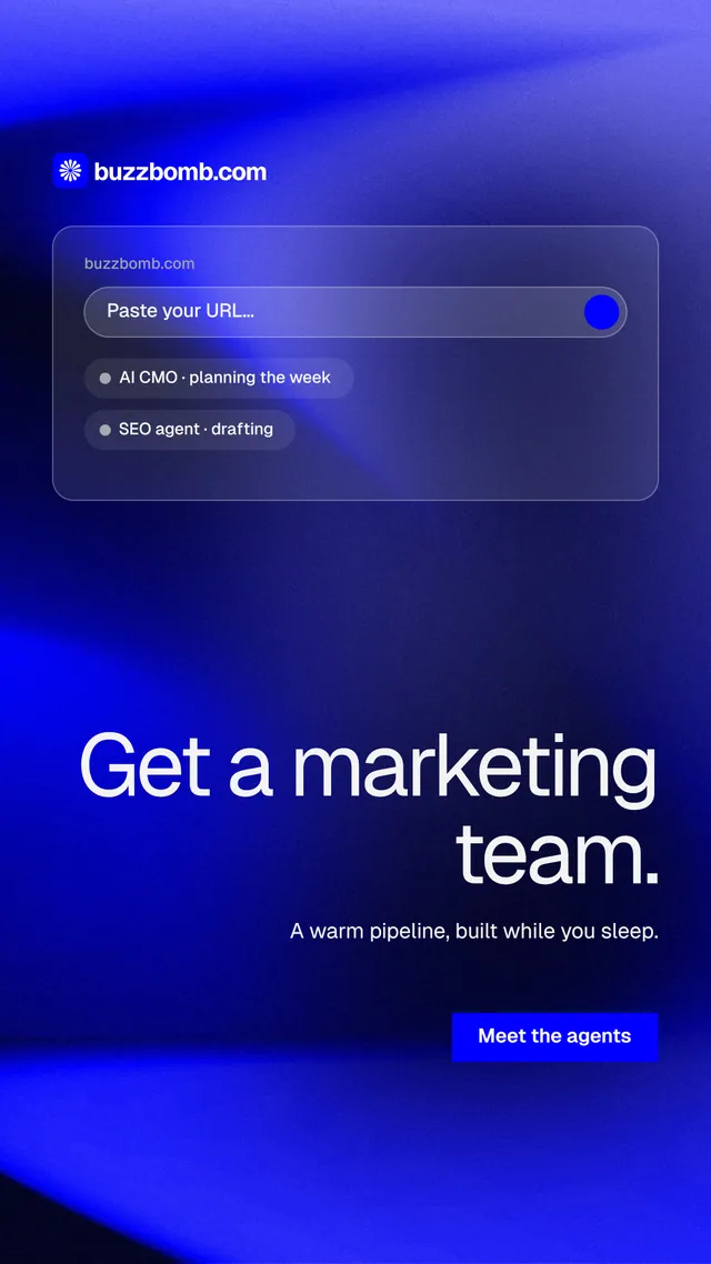 Instagram story for BuzzBomb: "Get a marketing team." Swiss style, right layout, dark palette in blue.