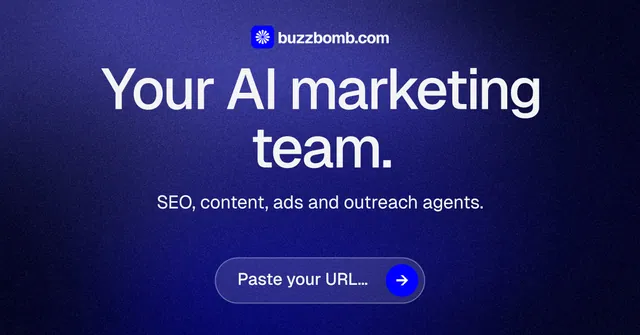 Social ad for BuzzBomb: "Your AI marketing team." Agentic glass style, centred layout, dark palette in black, blue.