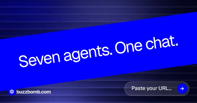 Social ad for BuzzBomb: "Seven agents. One chat." Agentic glass style, diagonal layout, dark palette in blue.