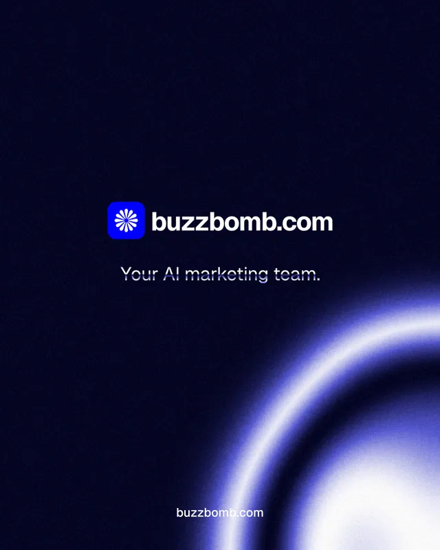 Instagram portrait post for BuzzBomb: "Your AI marketing team." Agentic glass style, end card layout, dark palette in black, blue.