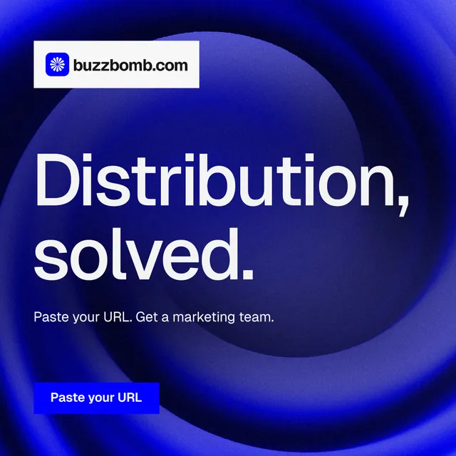 Instagram post for BuzzBomb: "Distribution, solved." Swiss style, announce layout, dark palette in blue.