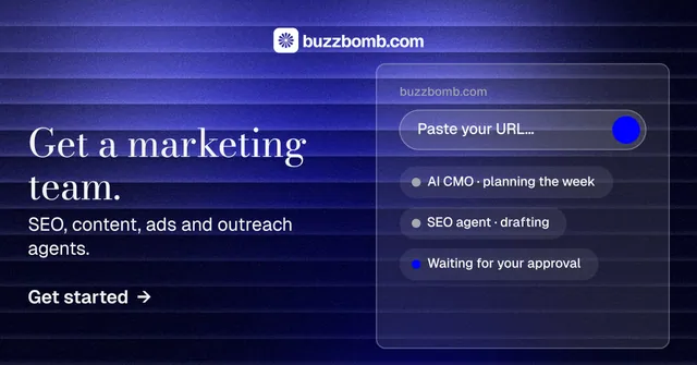 Social ad for BuzzBomb: "Get a marketing team." Minimal luxury style, bottom layout, dark palette in blue, black.