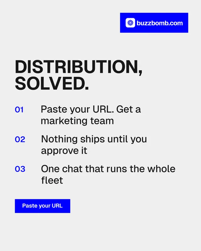 Instagram portrait post for BuzzBomb: "Distribution, solved." Swiss style, numbered layout, light palette in white, blue.