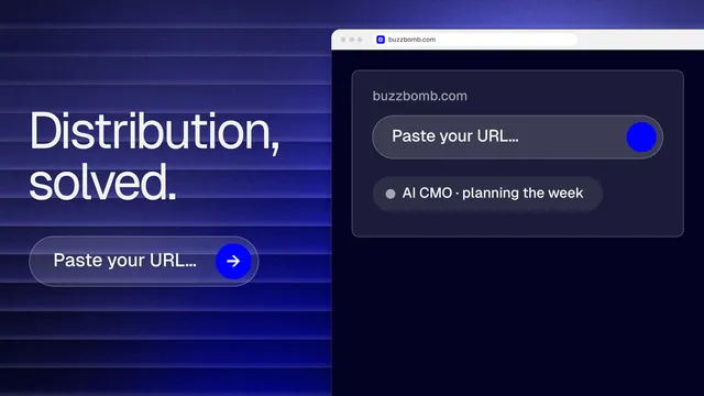 Landscape graphic for BuzzBomb: "Distribution, solved." Agentic glass style, browser layout, dark palette in black, blue, grey.