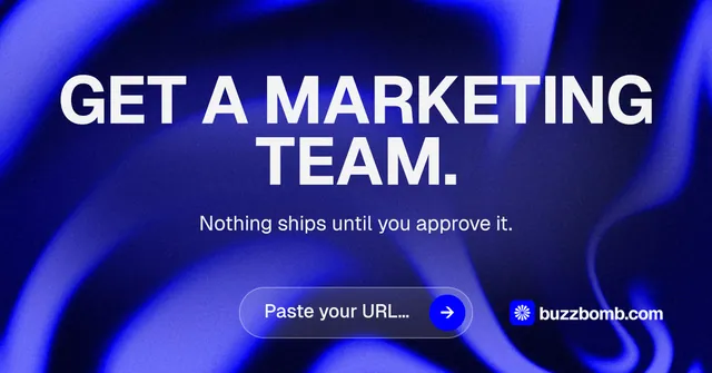 Social ad for BuzzBomb: "Get a marketing team." Agentic glass style, centred layout, dark palette in blue.