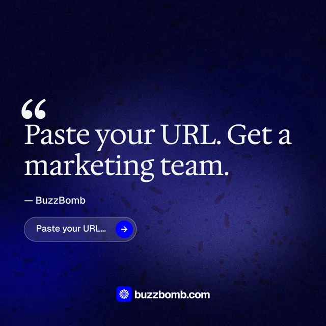 Instagram post for BuzzBomb: "Paste your URL." Agentic glass style, quote layout, dark palette in black, blue.