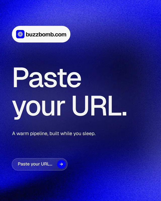 Instagram portrait post for BuzzBomb: "Paste your URL." Agentic glass style, announce layout, dark palette in blue.