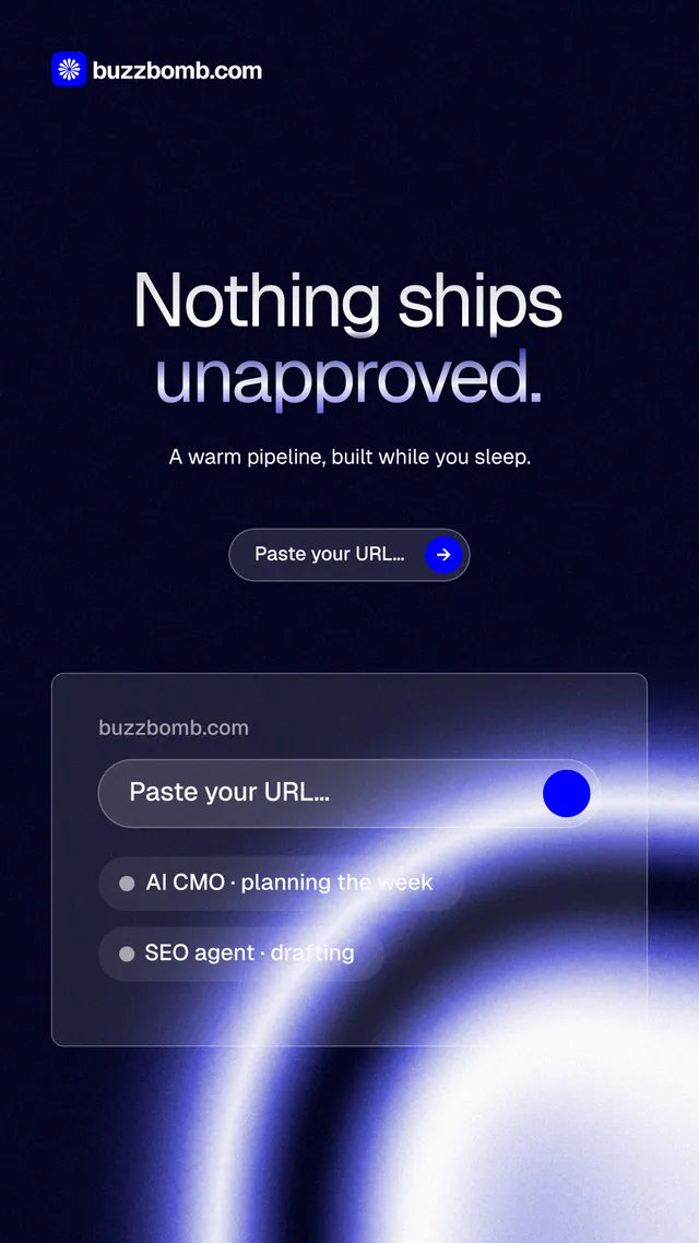 Instagram story for BuzzBomb: "Nothing ships unapproved." Agentic glass style, centred layout, dark palette in black, blue.