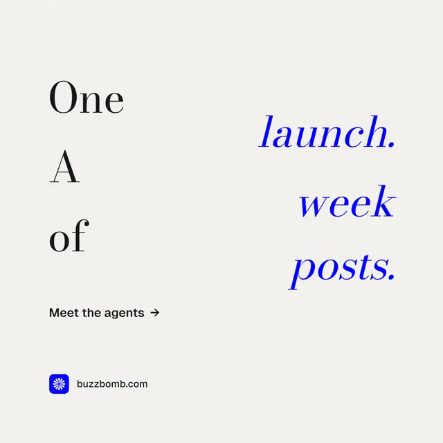 Instagram post for BuzzBomb: "One launch. A week of posts." Minimal luxury style, stacked layout, light palette in white.
