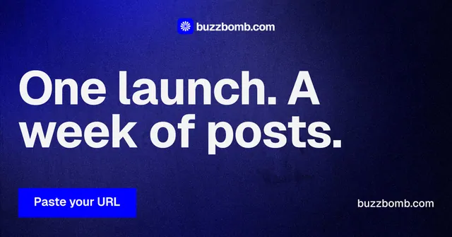Social ad for BuzzBomb: "One launch. A week of posts." Swiss style, poster layout, dark palette in black, blue.