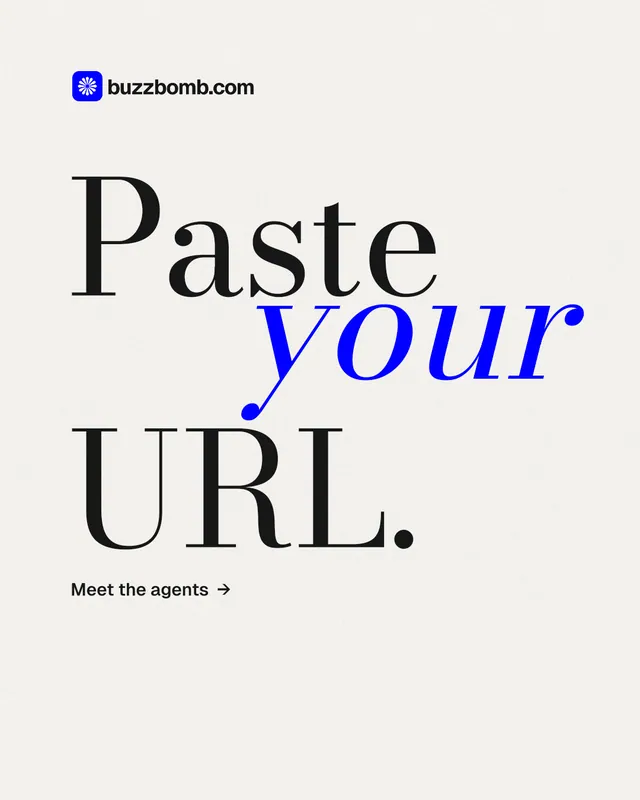 Instagram portrait post for BuzzBomb: "Paste your URL." Minimal luxury style, stacked layout, light palette in white, grey.